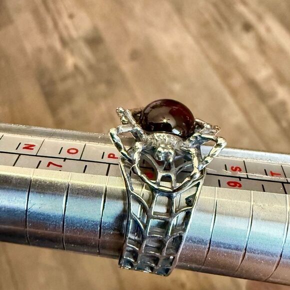 Baltic Cherry Amber 925 Sterling Silver Adjustable Spider Web Ring Boho New - Picture 6 of 8